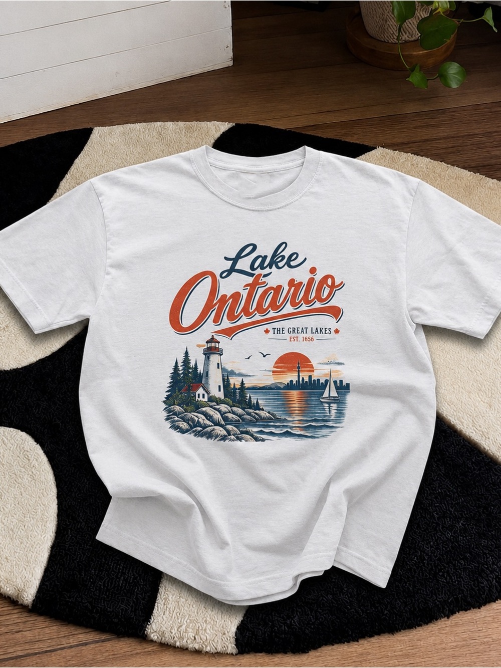 Lake Ontario Sunset Lighthouse Shirt, Canadian Nature Graphic Tee - White